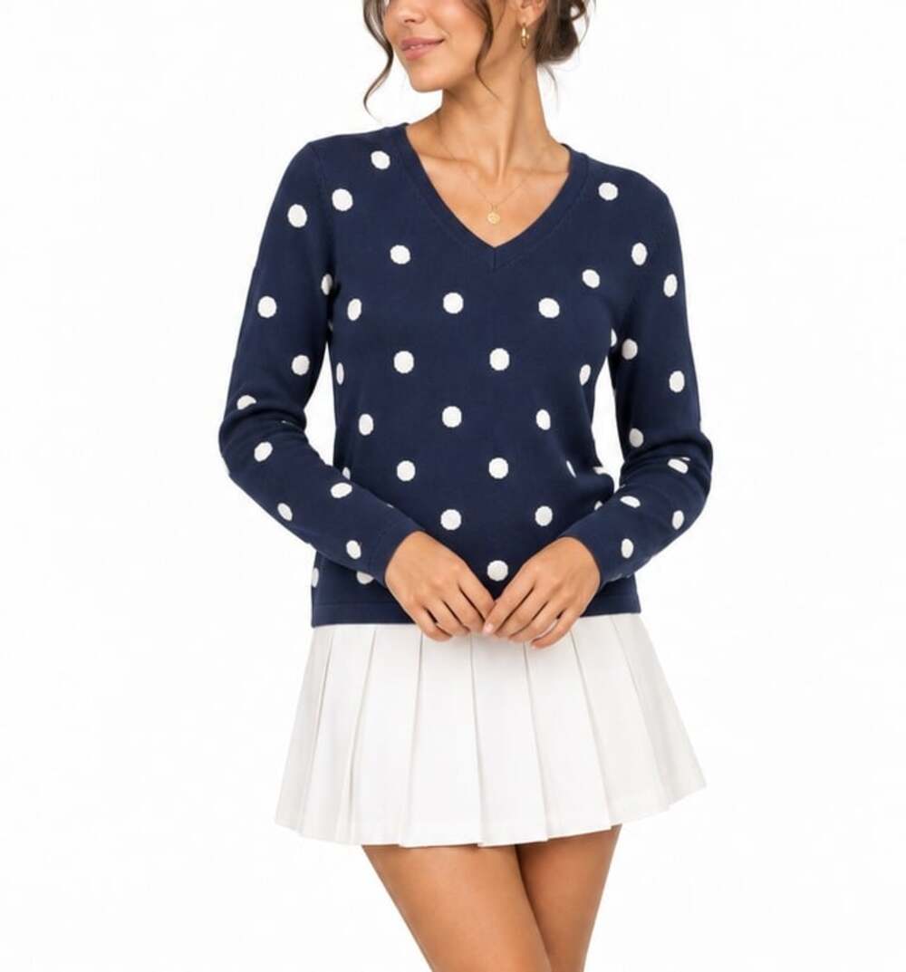 Tommy Hilfiger Women's Navy White Polka Dot Cotton V-Neck Sweater (Size L)